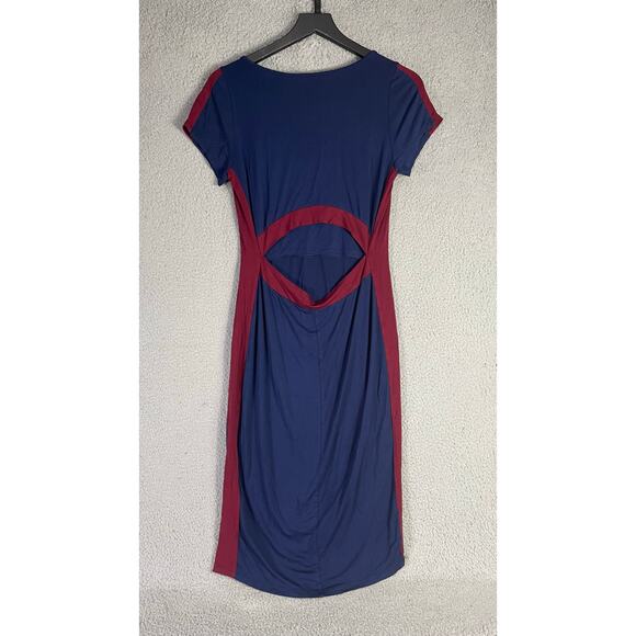W.SHE Navy Bodycon Dress Large Cutout Back Colorblock V Neck Sexy Stretch Club - Picture 8 of 9
